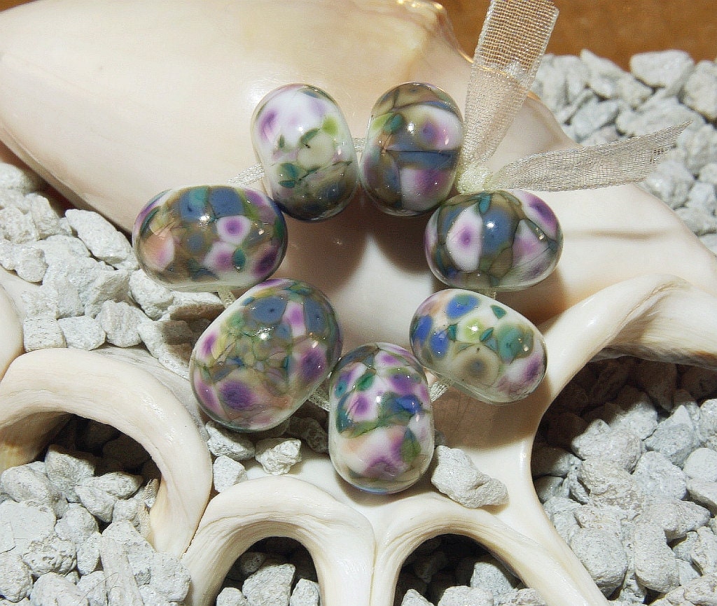 Handmade Lampwork Bead Set (7)  glass beads white blue taupe  NEW IDEAS