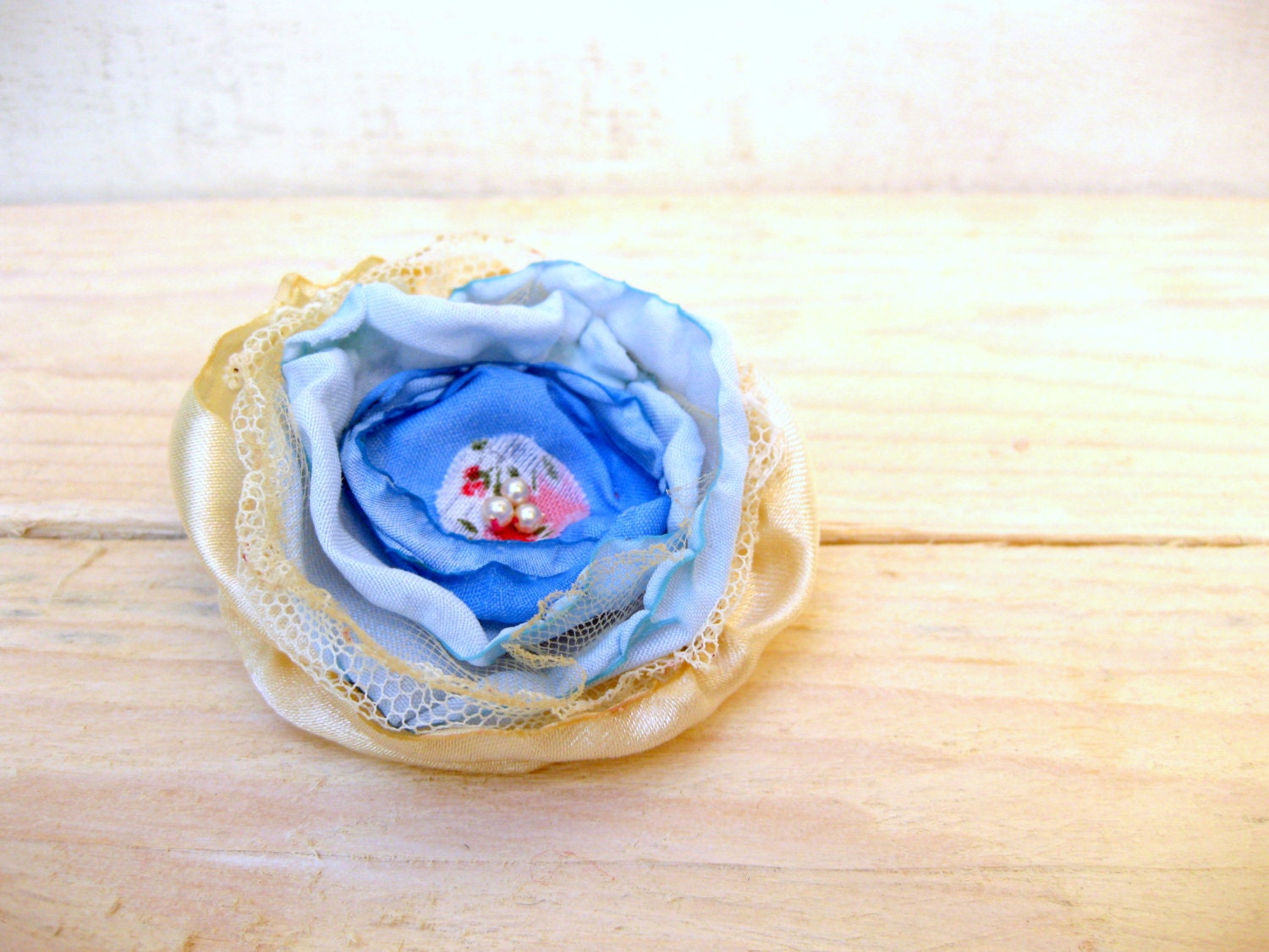 Cream and Blue Rose --- Fabric Flower Brooch --- TAGT team --- Hat Pin --- Spring --- Gift for her