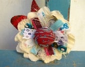 Large Shabby Chic Spring Fabric Flower Brooch --- Hat Pin --- Blue Cream Red --- OOAK --- By Odpaam