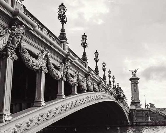 Paris Black and White Photography, Art Nouveau, Ornate Paris Bridge, Fine Art Travel Photograph Art Print - Pont Alexandre III (8x10)