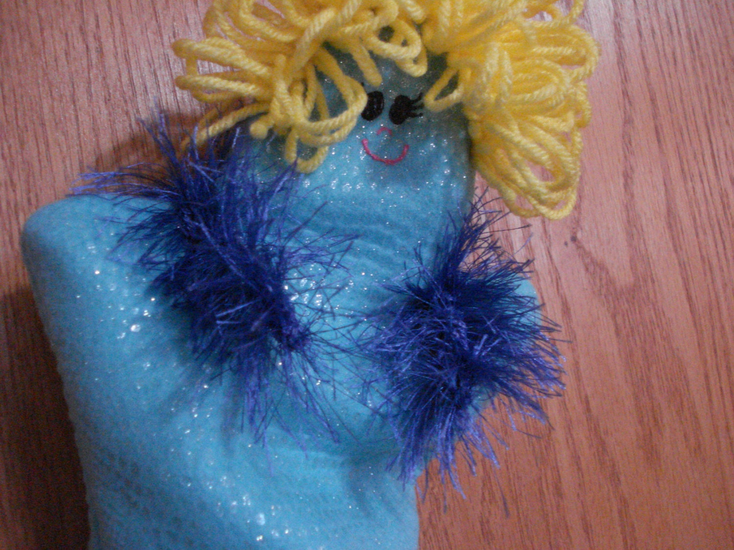 Lovely lady hand puppet tourquoise blue with blond yarn hair