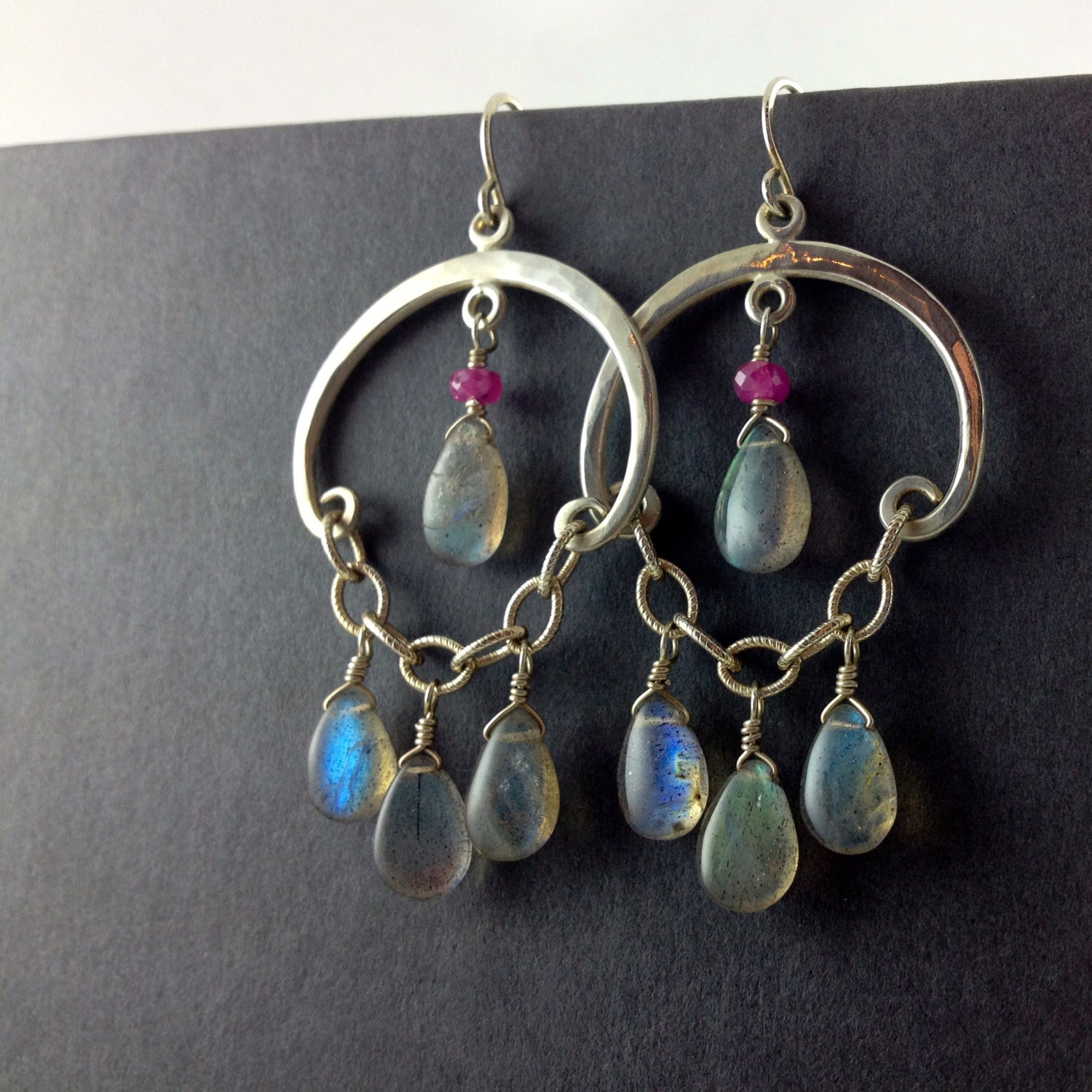 labradorite and pink sapphire chandelier earrings