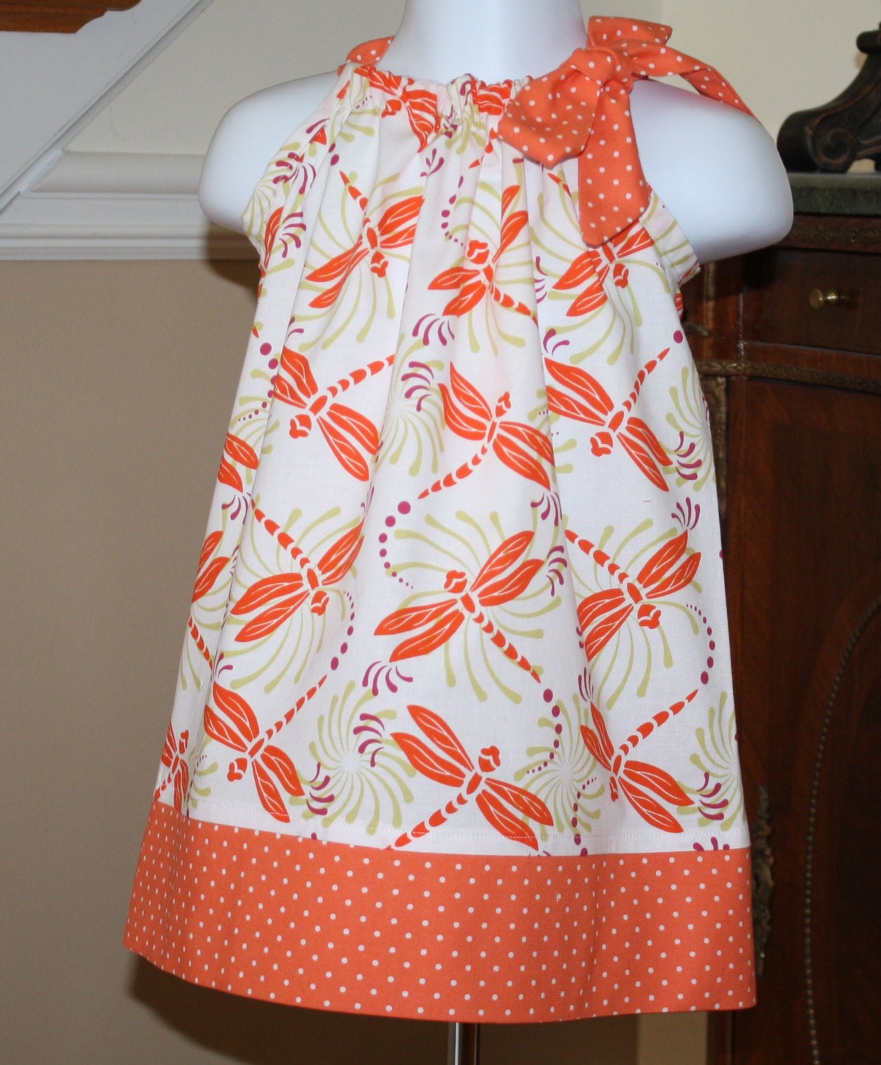 baby girls Pillowcase dress dragonfly orange polka dot toddler dress 3, 6, 9, 12, 18 mo 2t, 3t, 4T
