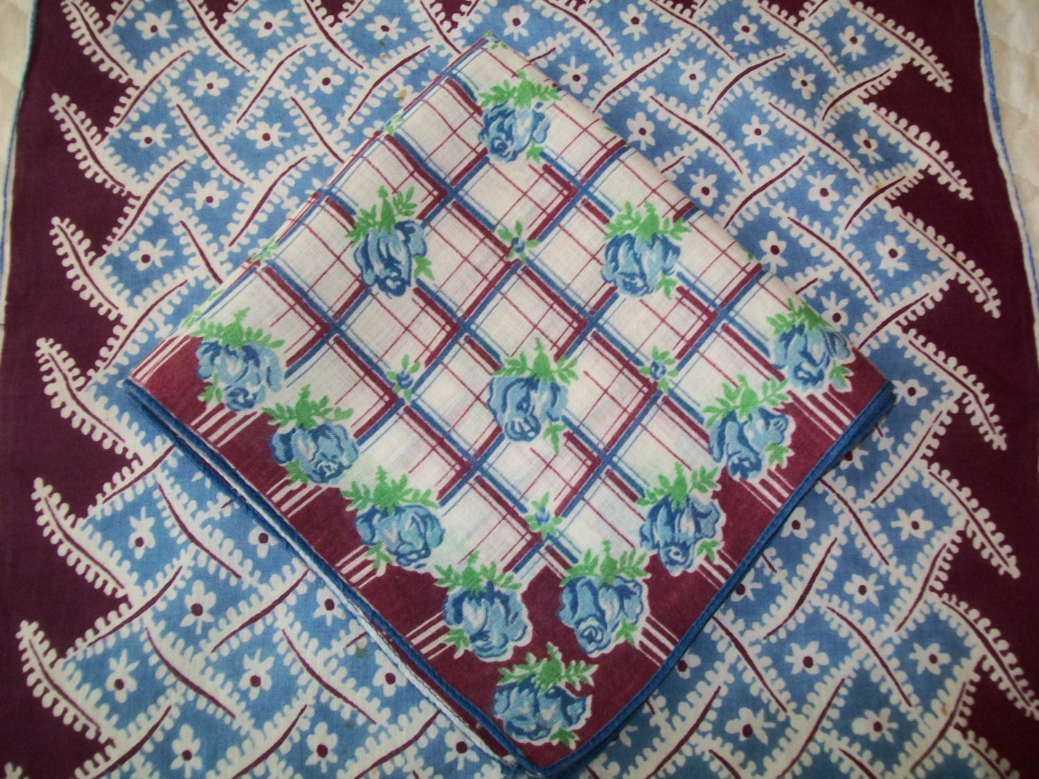 2 Midcentury hankies, handkerchief, blue, sky blue, floral, plaid, stripes, burgundy, purple, white, handkerchiefs, hankie, 1960s, 1950s