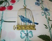 1950s polished cotton fabric, bird, floral, turquoise, blue, pink, sky blue, cotton, polished cotton, midcentury, supplies, 1950s