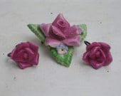 Vintage Rose Porcelain Brooch and Earrings
