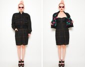 90s Suit - ESCADA Floral Tweed Skirt Suit - High Waist Wiggle Skirt - 1990s Power Suit - Cropped Dolman Jacket - Plaid Wool Silk S 4 6