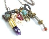 Skeleton Key Charm Necklace, Steampunk Jewelry, Red Heart Valentine Necklace, Shell Casing Jewelry, Upcycled Recycled Repurposed