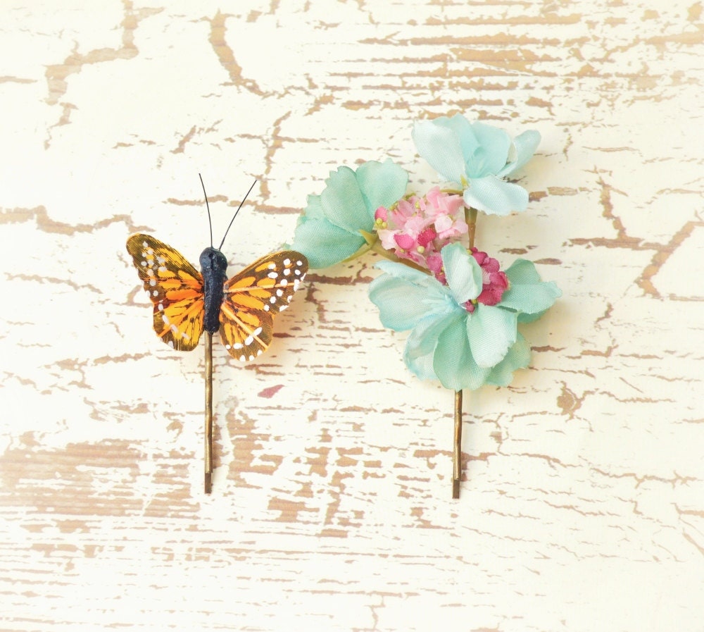 flower hair clips, butterfly bobby pins, garden hair pins - lovefool