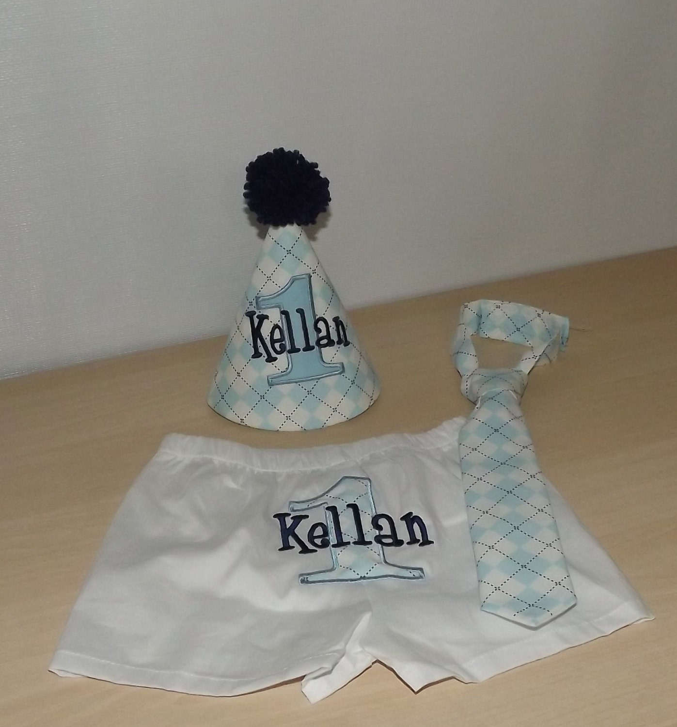 PERSONALIZED Baby Boy First Birthday Cake Smash Set with Hat, Tie and Diaper Cover from Sprinkles of Love  Robert Kaufman Sky Argyle