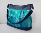 Large Pleated Cross Body bag in Turquoise and Navy Stripes with Denim and Canvas - ready to ship