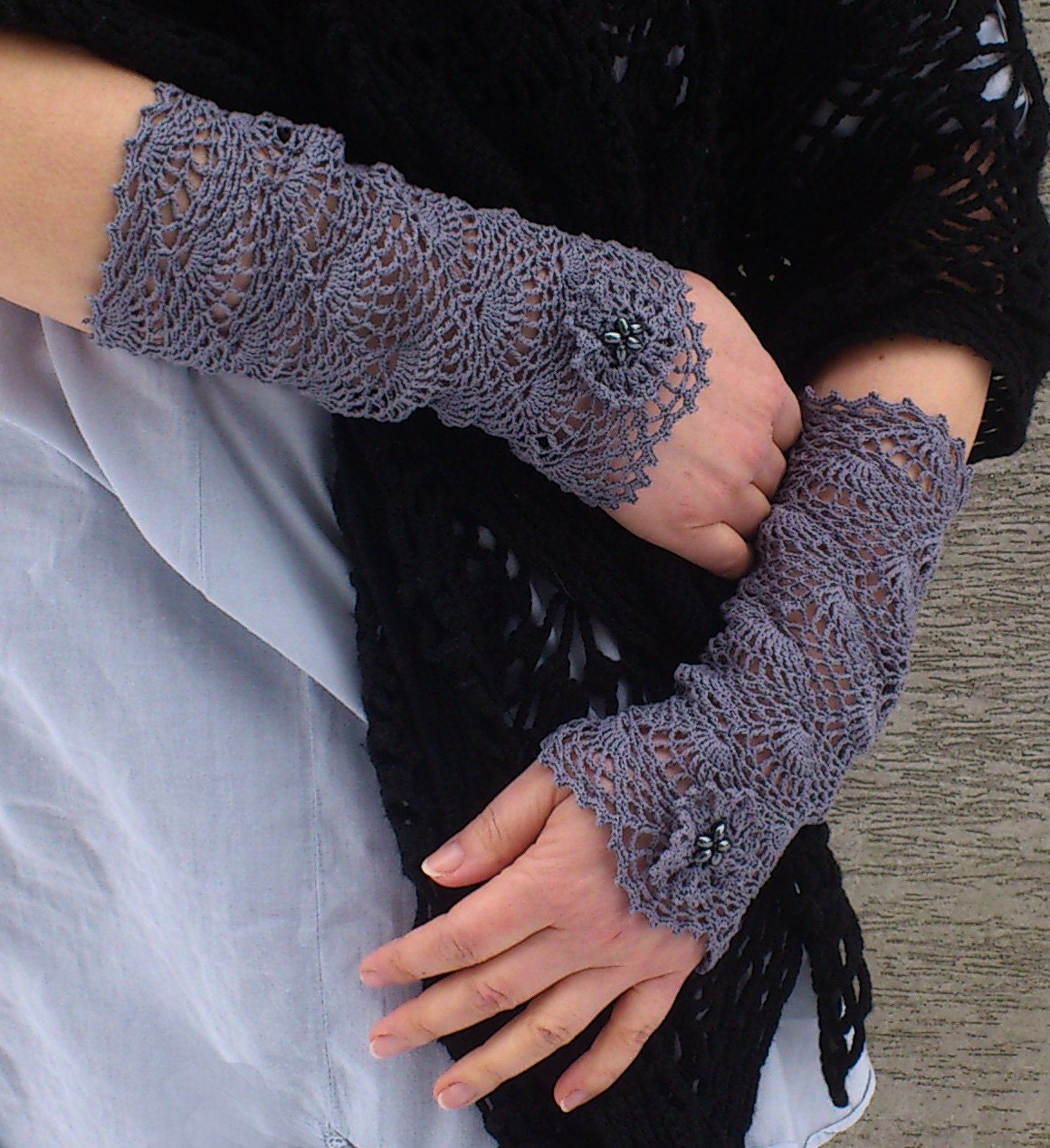 Late Evening - crocheted open work lacy romantic wrist warmers cuffs hippie boho style in gray color