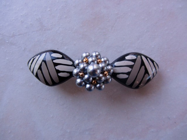 Black, Handmade Woman's Barrette, Repurposed Hair Barrette, Silver gun powder grey cluster, Recycled, Upcycled