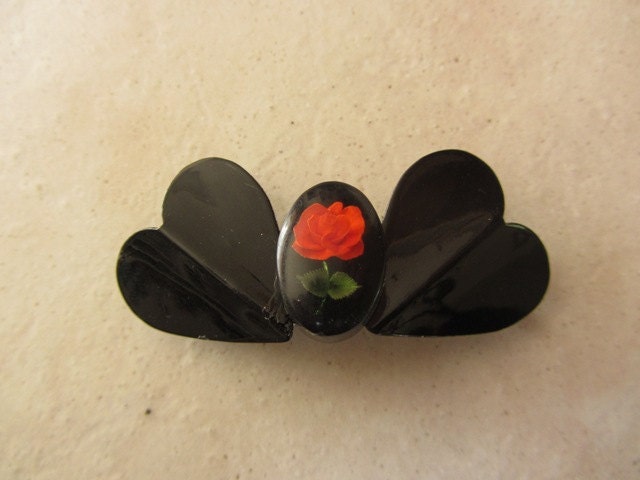 Black Hearts Handmade Ladies Barrette, Red Rose Center, repurposed, recycled vintage earrings