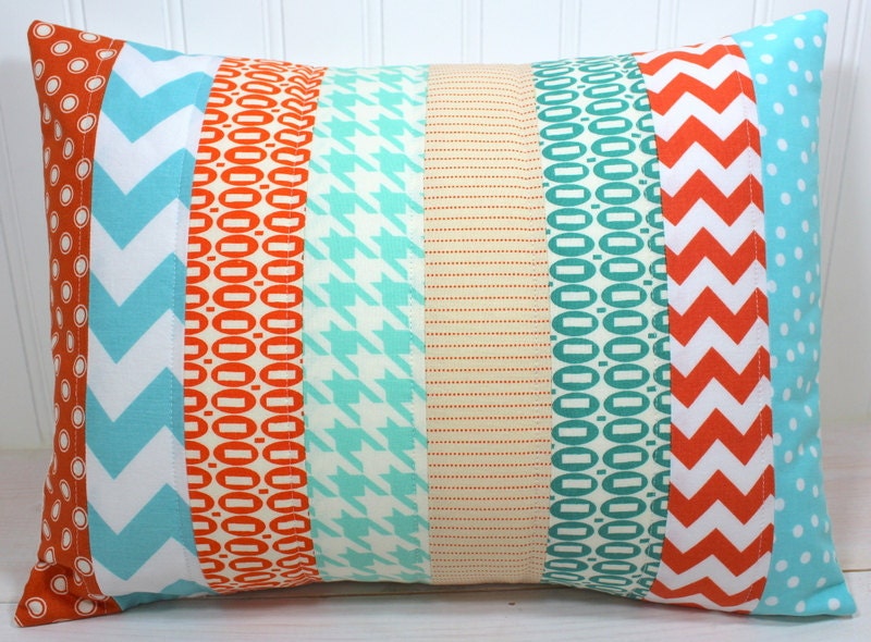 Pillow Cover - 12 x 16 Inches - Aqua Blue and Orange Chevron