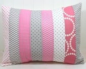 Throw Pillow Cover - Nursery Cushion Cover - 12 x 16 Inches - Carnation Pink and Gray Chevron