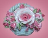 Pink Roses in a Blue Basket handmade Cabochon Pin Brooch Furniture Applique by CreatingCottage