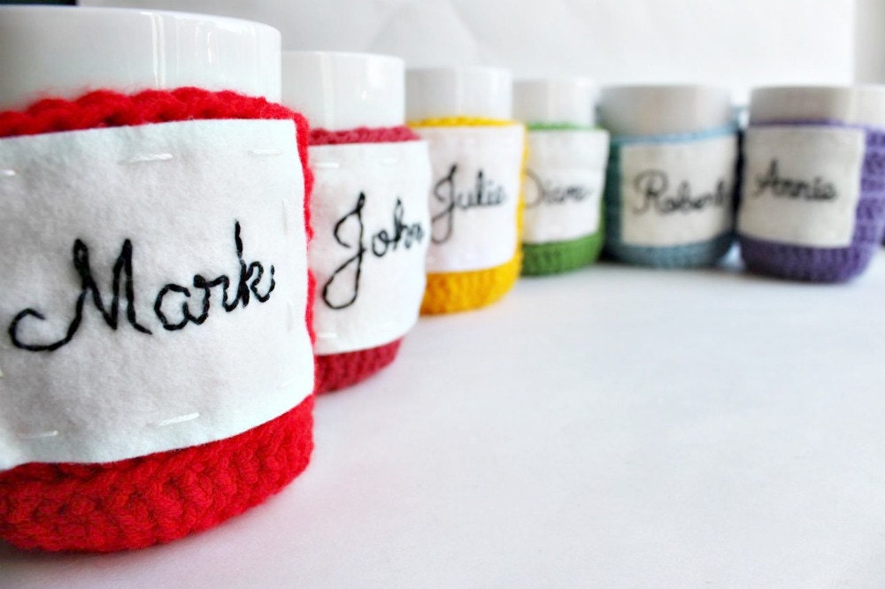 Personalized Wedding Coffee Tea mug cozy bridesmaid groomsmen favor custom monogram rainbow