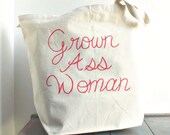 Tote Bag Grown Ass Woman Red White Hand Painted Recycled Cotton funny humor shoulder bag womens