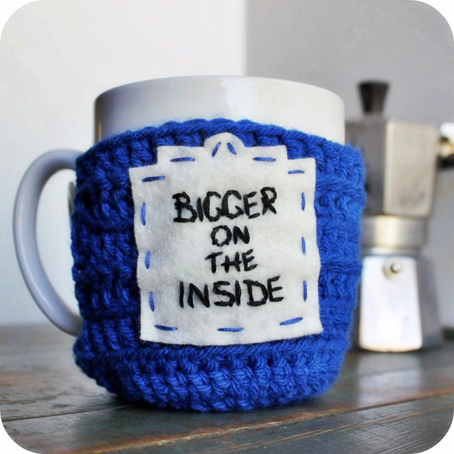 Bigger on the Inside Doctor Who funny coffee mug cozy tea cup blue black crochet handmade cover
