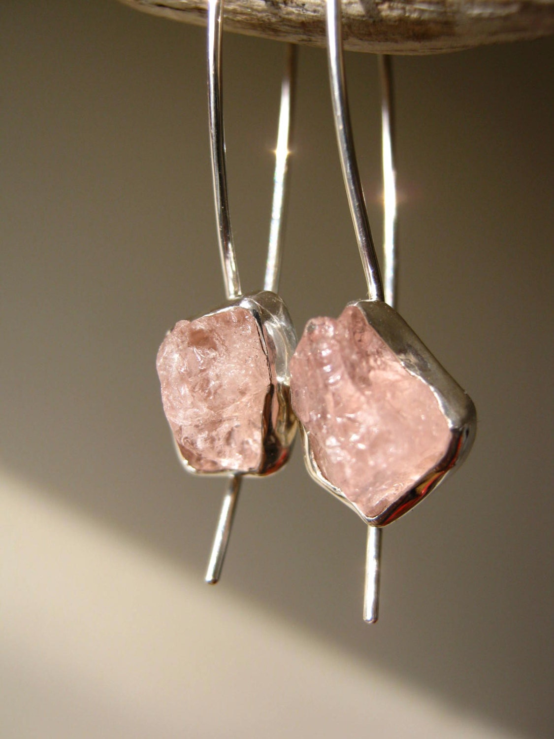 Dangle Rough Pink Morganite Earrings - Sterling Silver - Bridal Wedding Engagement - Handmade by Metalmorphoz