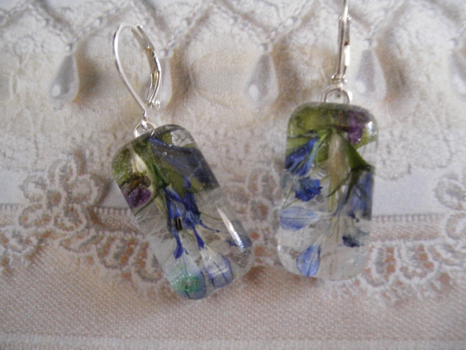 Romance In Lace-Pressed Flower Glass Earrings-Blue & White Ombre Lobelia, Purple Alyssum, Real Lace Background-Symbolizes Loyalty