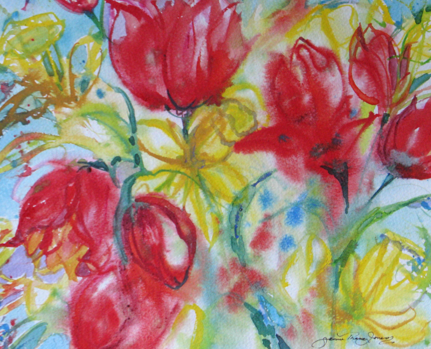 abstract tulips daffodils spring original watercolor garden painting floral landscape 8 x 10