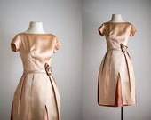 50s dress / 1950s satin party dress / Blush Rosette dress