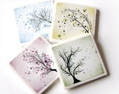 Pastel Abstract Tree Tile Coasters, Purple, Blue, Yellow, Pink, Nature Table Decor, Whimsical Tree Set of 4