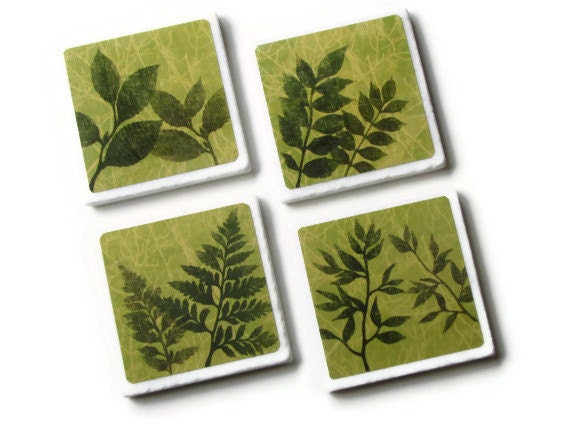 Leaf Coasters, Fern Decor, Spring Green Foliage Art, Summer Leaves Botanical Table Decor, Ceramic Tile, Set of 4