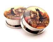 Cats on a Bike Picture Plugs gauges - 8g, 6g, 4g, 2g, 0g, 00g, 7/16, 1/2, 9/16, 5/8, 3/4, 7/8, 1 inch