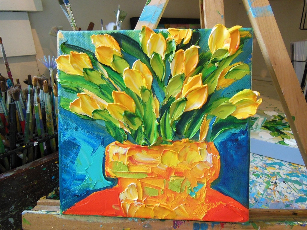 Oil PaintingYellow Tulips On Red Table Original Wall Decor Impasto
