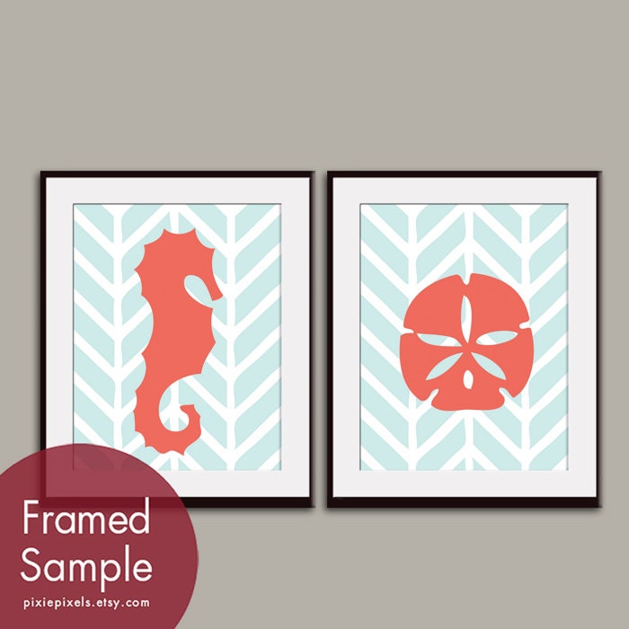 Modern Seahorse and Sand Dollar (A) Set of 2 - 8x10 Art Print (Featured in Hibiscus and Pale Carribean) Custom Colors