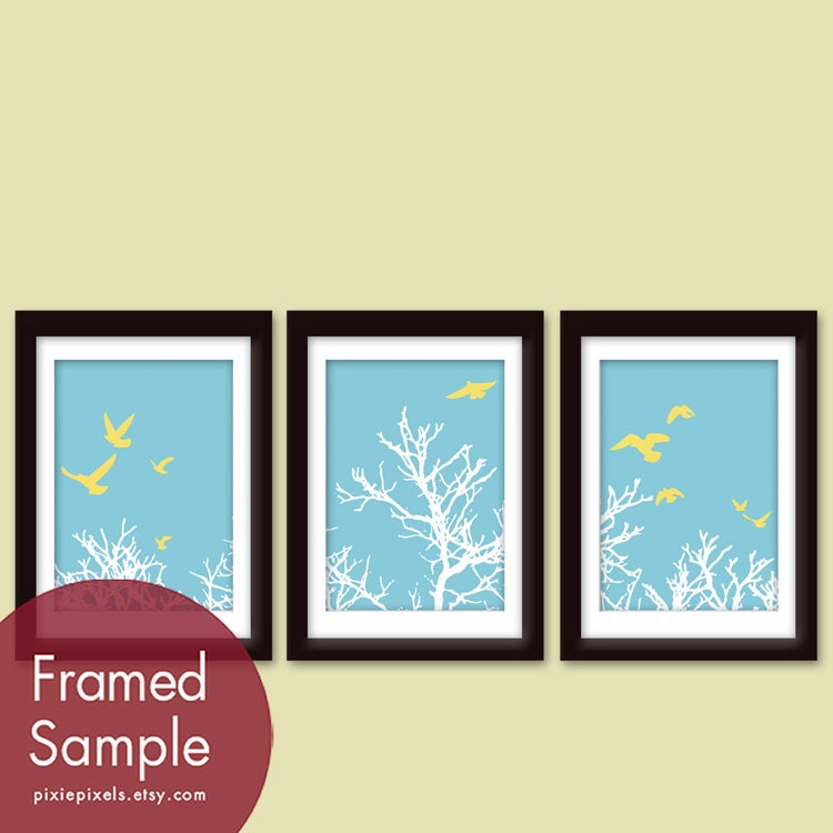Birds above Tree Branches (Series A) Set of 3 - 5x7 Art Prints (Featured in Malibu and Sunshine) Nature Woodland Inspired