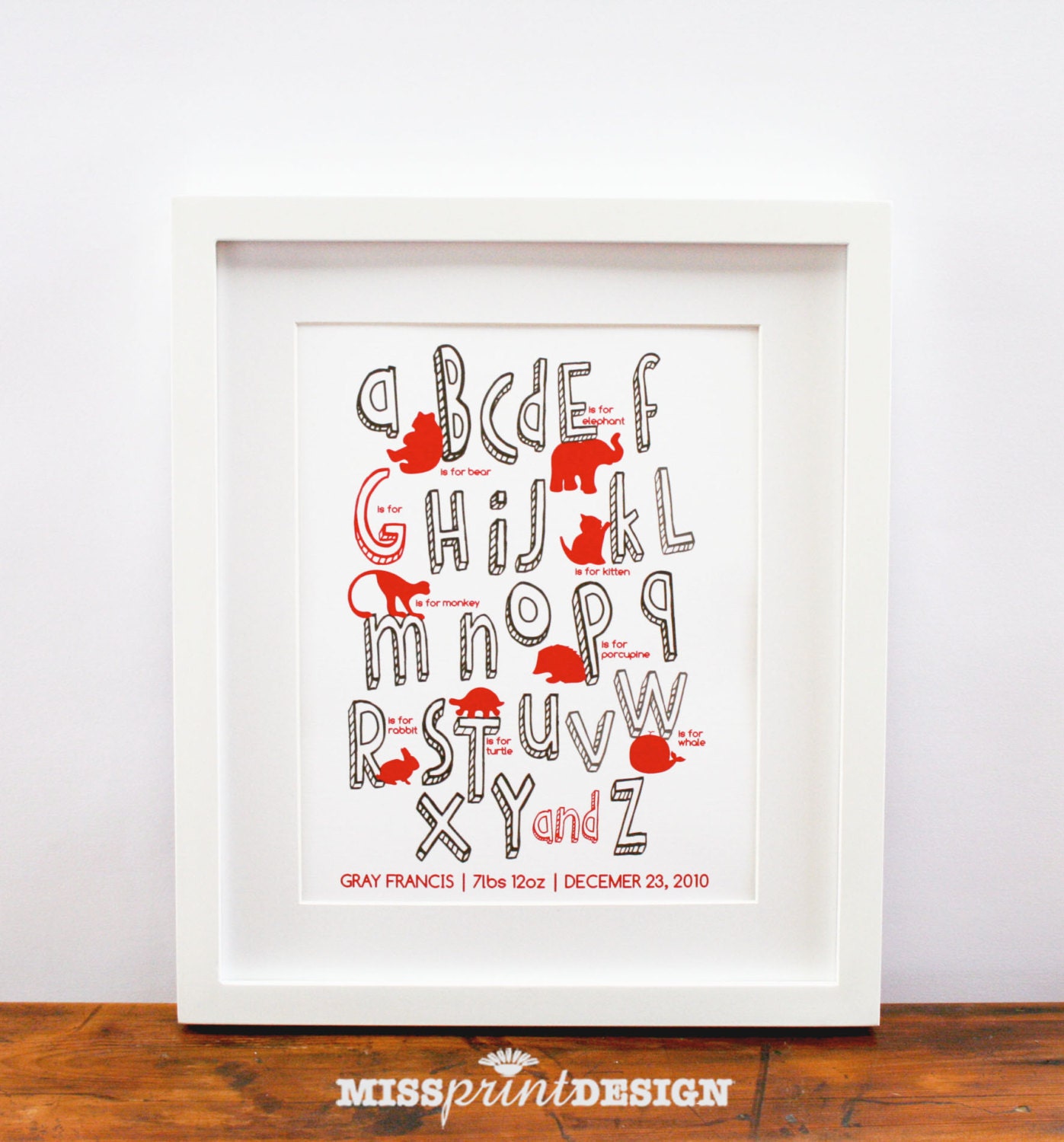 Animal Alphabet Baby Nursery Art, Personalized, Baby Shower Gift 8x10
