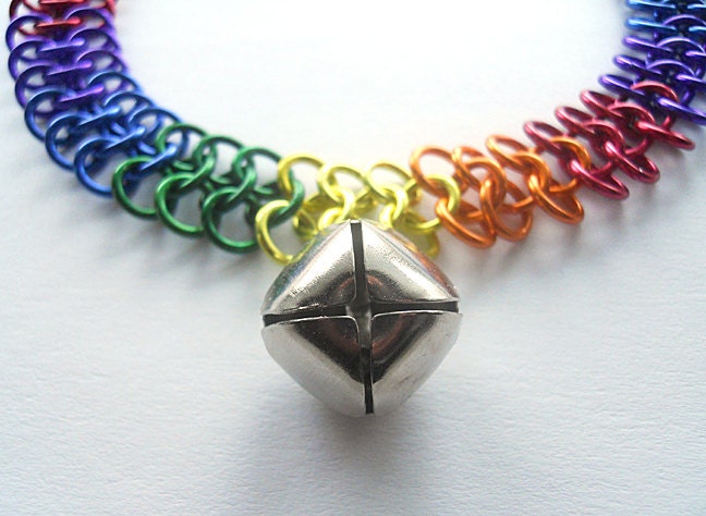 Cat bell collar choker, Cosplay kitty bell choker necklace, Jingle bell collar, Chainmaille, FOR PEOPLE, Rainbow, European 4 in 1 weave