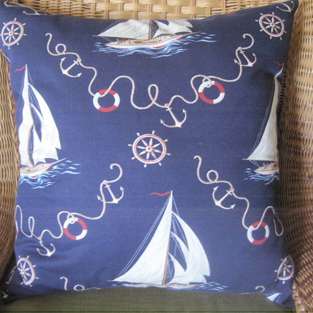 Nautical Navy Handmade Designer Pillow, R. Lauren, 24 x 24, Sailboats Underway