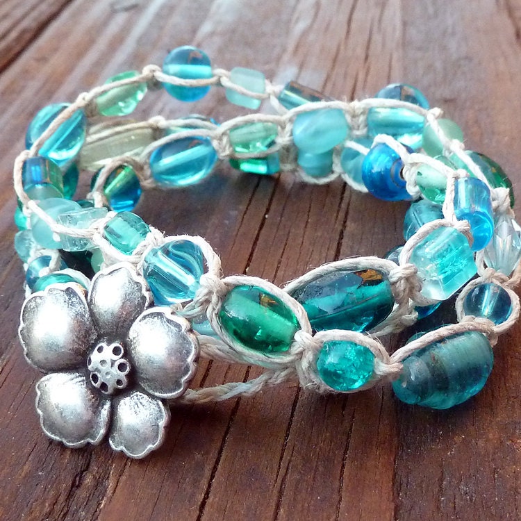 Teal Bracelet - Hemp Wrap Bracelet, Teal Glass, Dark Aqua Glass, Macrame Bracelet, Beach Theme