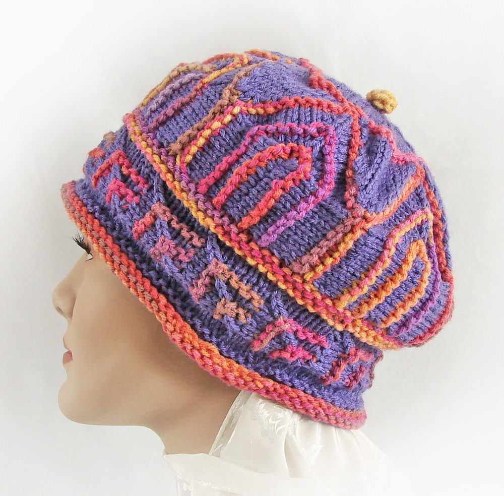 Module Art Hat - Lilac, Pink, Peach, Gold - Acrylic - Tiers - Crown - OOAK hand knit hat