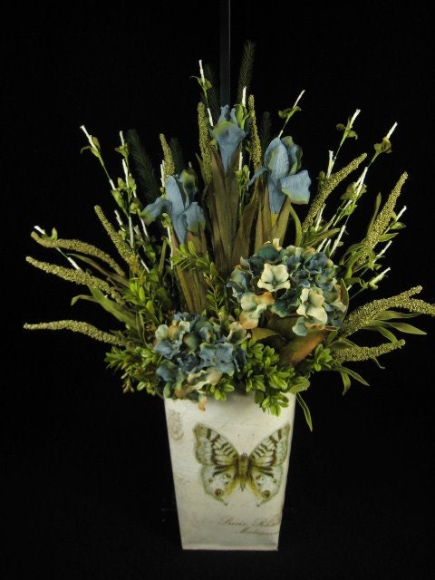 Dusty Blue Iris and Hydrangea Butterfly Wall Pocket Door Wreath or Wall Mounted Home Decor