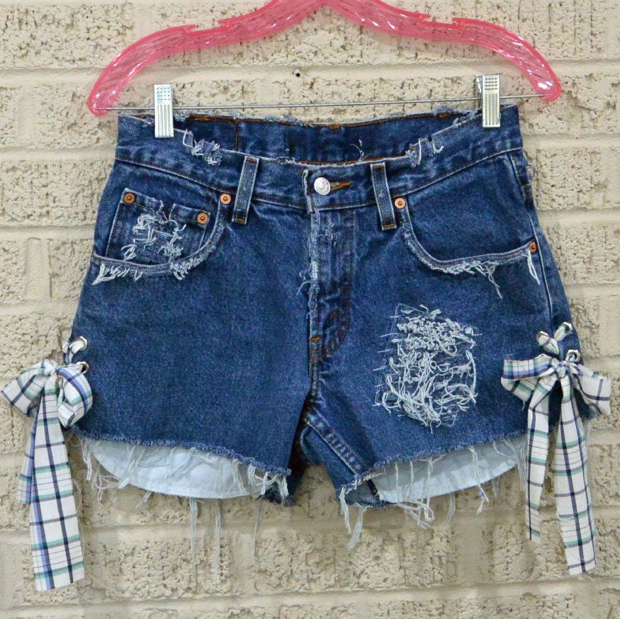 destoyed & frayed UPCYCLED Denim SHORTS / Side Lace Up Levi cutoff shorts / custom patched denim cutoffs Size 30 Waist