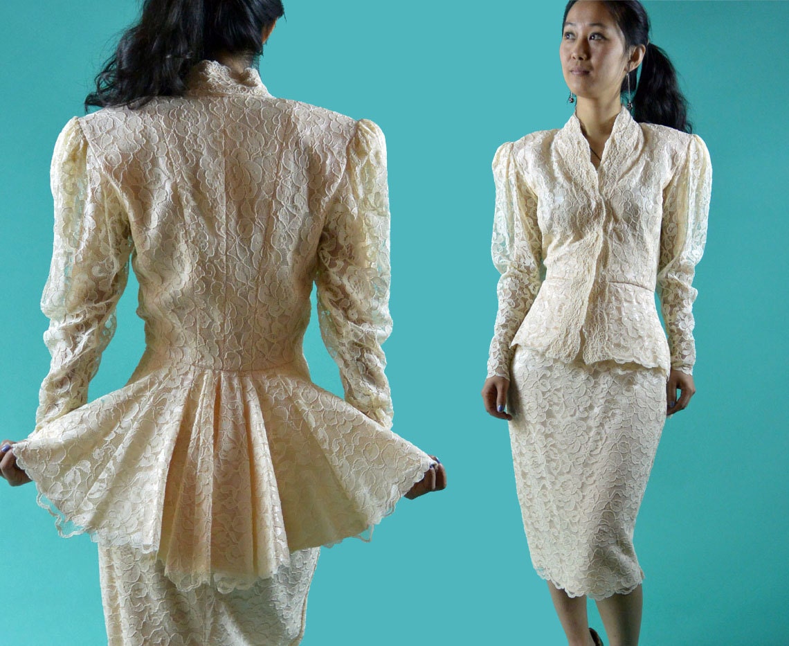 Vintage Sheer Lace Peplum Dress / 80s Two Piece Skirt Suit Party Dress / Bridal Puff Sleeve High Waist Skirt Peplum Jacket XS / S