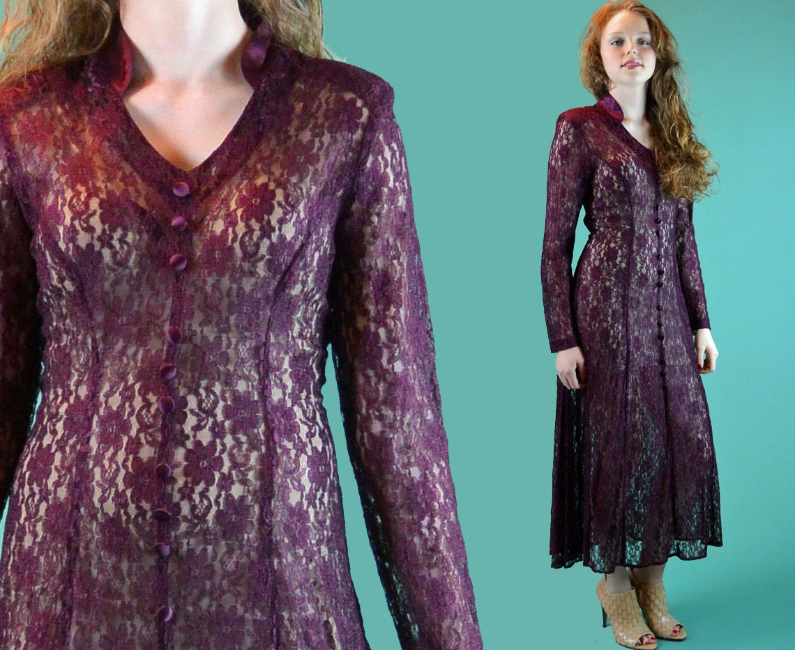 Sheer Lace Maxi Dress / 80s Vintage Romantic Lace Dress / Satin Collar Button Front / Boho Hippie Lace Long Maxi Dress S / M