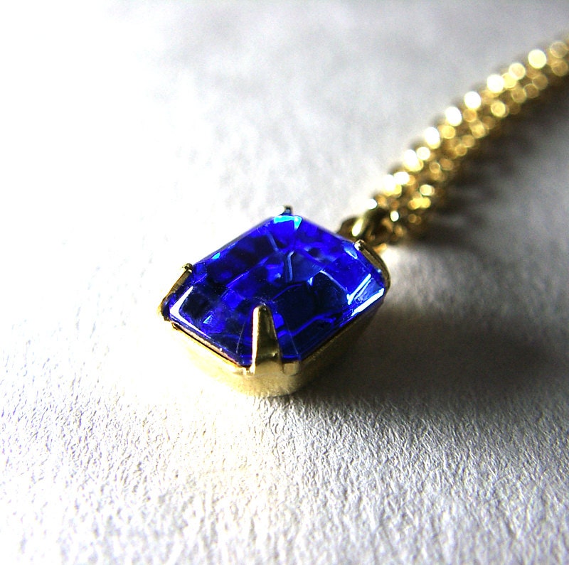 Cobalt Blue Necklace, Vintage Rhinestone Pendant Gold Chain, Estate Style Jewelry