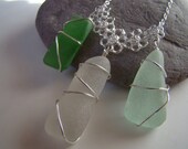 Spring Green Sea Glass Necklace - Seafoam, Kelly Green, White - Wire Wrapped