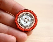 Candy Button - Beaded Geometric Brooch with Peach & Red Seed Beads