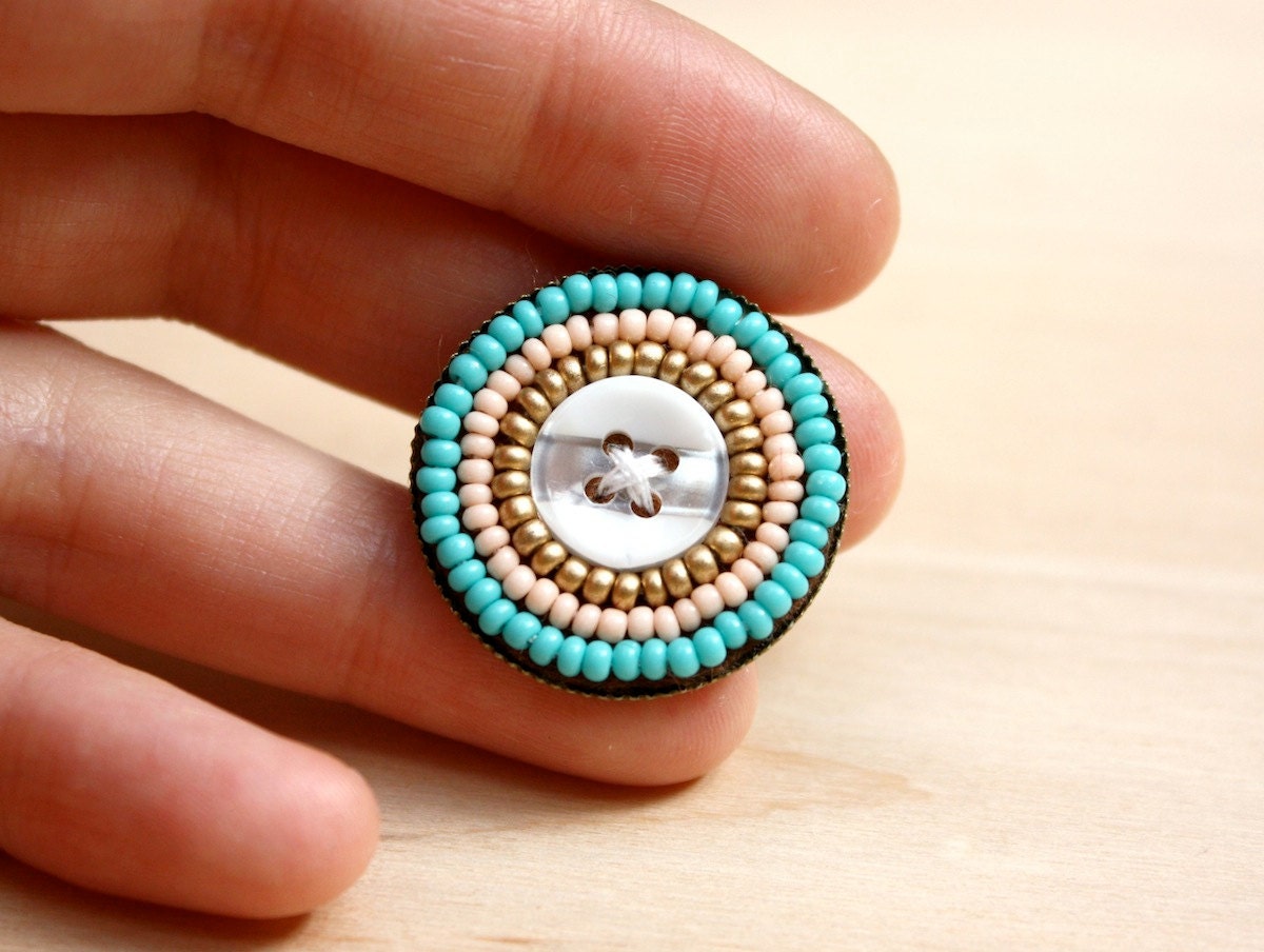 Candy Button - Beaded Geometric Brooch with Peach & Teal Seed Beads