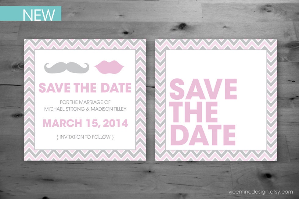 Save the Date - Mustache & Lips - Pink and Grey - Modern Square Announcement - Chevron