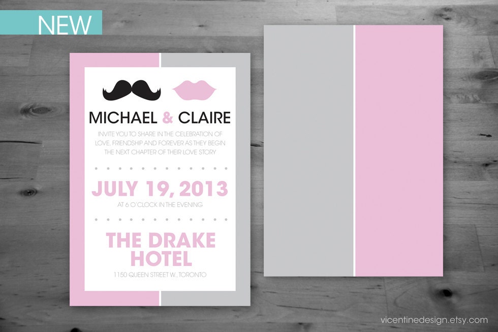 NEW - Wedding invitation - Mustache & Lips - Modern, Minimal - Bold - Print - Pattern - Pink and Gray