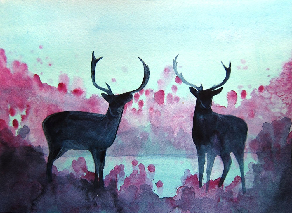 30% Off SALE - Eventide- Deer Painting - Original Watercolor Painting - 13"x10" - Forest - Landscape Painting - Stag - Patronus - Harry Pot